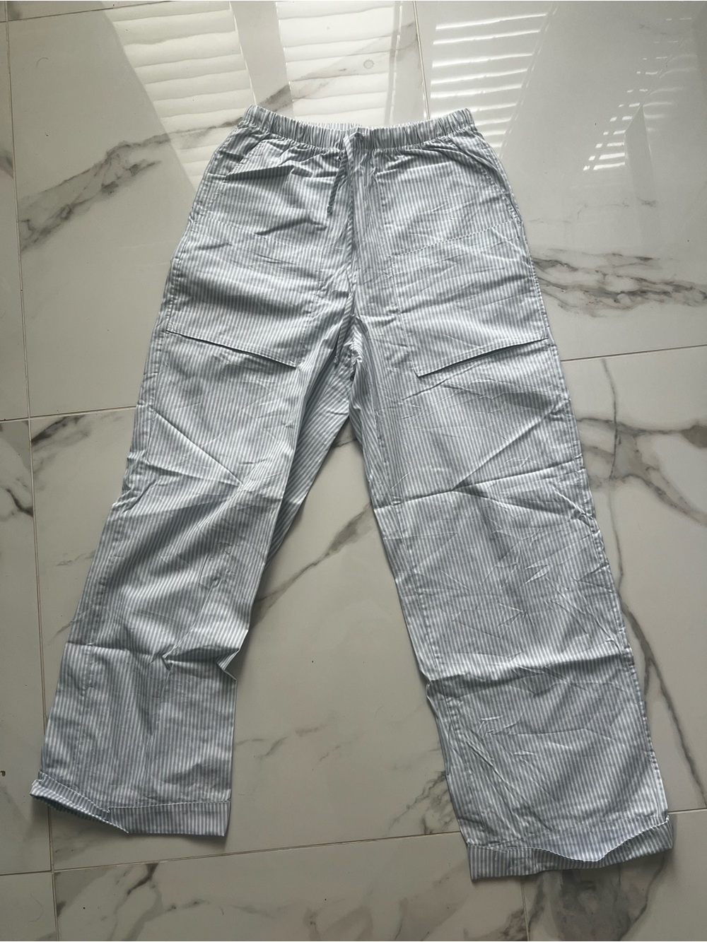 Aritzia Light Blue & White Pinstriped Cargo Drawstring Pants